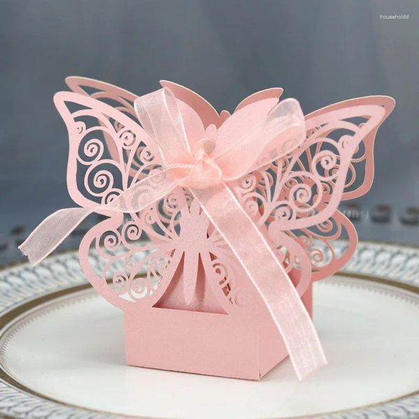 Geschenkpapier 20 stücke Schmetterling Laser Cut Hohlwagen Gefälligkeiten Geschenke Box Candy Dragee Boxen mit Band Baby Dusche Hochzeit Party Supplies