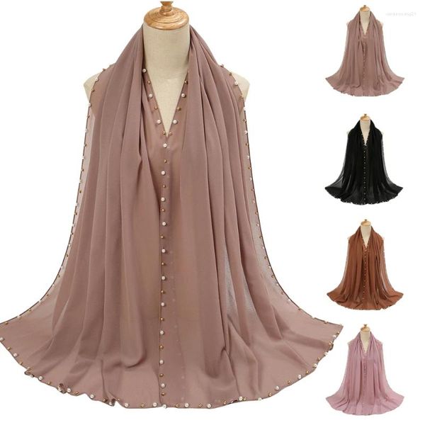 Abbigliamento etnico Pianura Perla Bolla Sciarpa di chiffon Donna musulmana Testa Hijab Avvolgere Scialli di perline solidi Fascia fatta a mano Foulard Femme Hijab