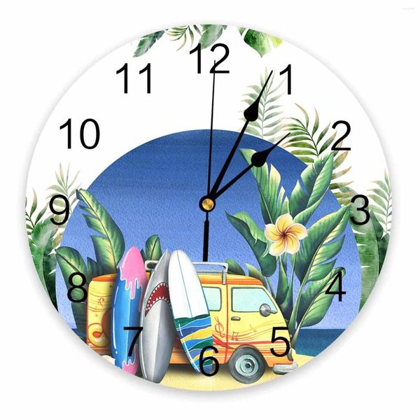 Relógios de parede Praia Bicicleta Surf Folhas Tropicais Aquarela Relógio Moderno Silencioso Sala de estar Decoração de Casa Relógio Pendurado
