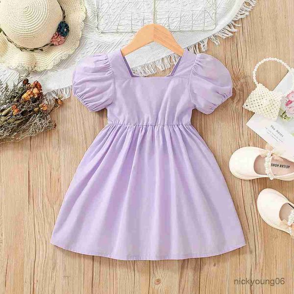 Mädchenkleider Kinder Freizeitkleid für Mädchen Sommer 2023 Neues Kleinkind Kurzarm Vorne Bbowknot Lila Prinzessin Kleid Kinderkleidung 1-8Y