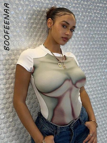 Kadın Tişörtleri Boofeenaa 3D Vücut Baskı Grafik Tees Y2K Street Giyim Seksi Kısa Kol Üstleri Moda 2024 İnce Uygun C69-AE10