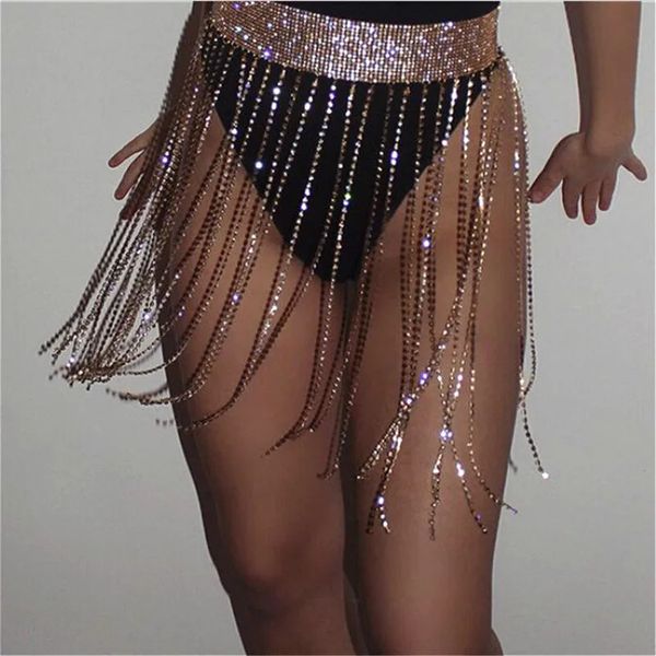 Kadın Lüks Parlayan Rhinestone Bel Kemerleri Tassel Kristal Zincir Kadınlar Düğün Gelin Belgesi için Saçak Kemer Clubwear 240118