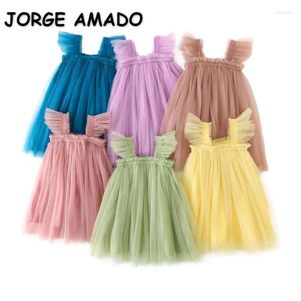 Kız Elbiseler Bebek Sling için Yaz Elbise Kılıç Kare Kare Sarı Mor Pembe Mavi Yeşil Örgü Prenses Çocuk Giysileri E2200