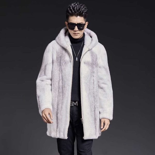 Cappotto da uomo in visone con cappuccio in velluto di pelliccia di media lunghezza, casual e caldo, taglia grande 2NMS