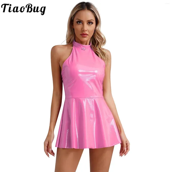 Vestidos casuais mulheres brilhante patente couro bodycon vestido sexy clube halter sem mangas skater mini rave festa desempenho saias de balanço