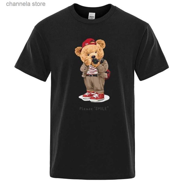 Homens camisetas Moda Teddy Bear tira fotos para homens impressos camisetas soltas roupas de grandes dimensões Crewneck algodão de manga curta mens 80399 T240202