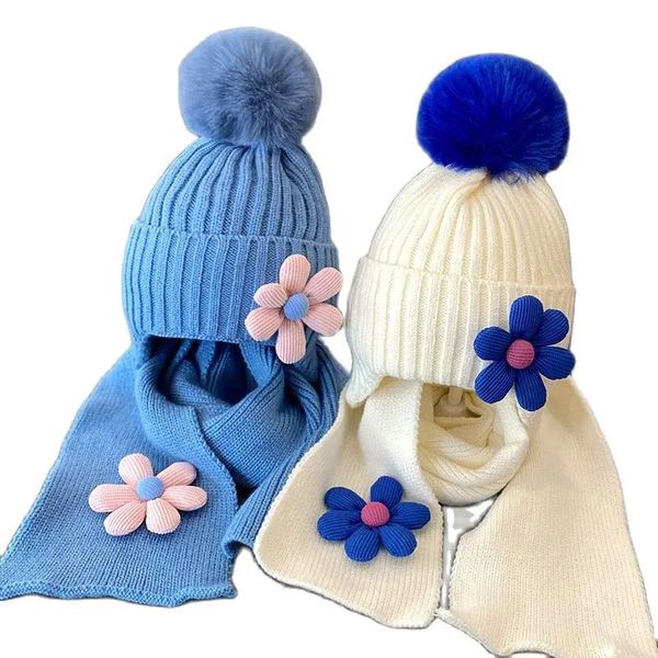 Doit inverno meninos meninas gorros quentes criança cachecol chapéu conjunto flores bola de cabelo bebê crianças malha sólida cachecóis chapéus 240124