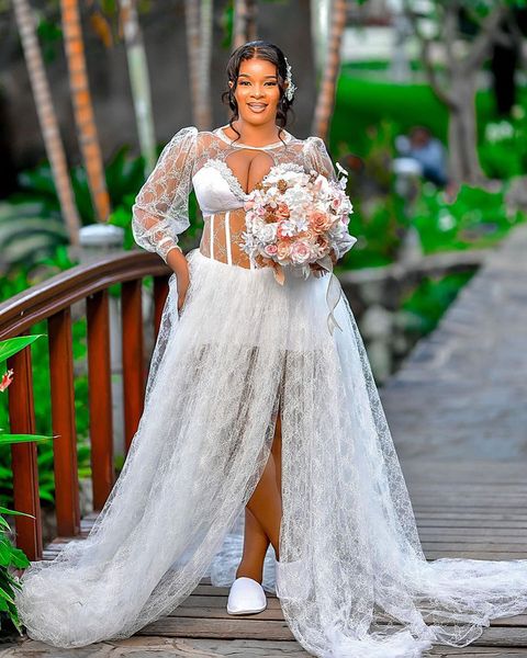 Arabo Aso ebi sexy sexy americano White Wedding Pearls Illusion Bodice Grovine V-Neck Long Seleeve Morbido Tulle Tulle Africa Abito da sposa abiti da pioggia da sposa