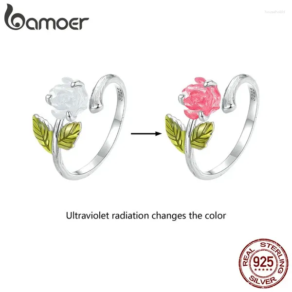 Cluster Anéis Bamoer 925 Sterling Silver Color Changing Rose Abertura Anel Flor Ajustável para Mulheres Meninas Design Original Fine Jewelry