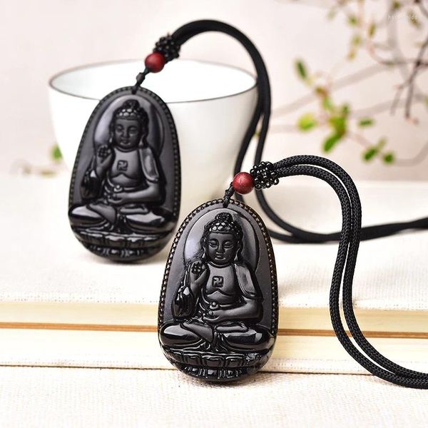 Dekorative Figuren 1PC Natura Obsidian Kristall Stein Figur Anhänger Heilung von Buddha geschnitzt Glück Amulett für Männer Frauen Schmuck