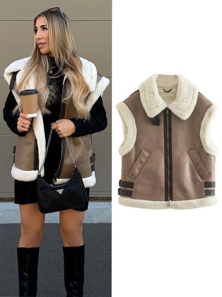 TRAF Pelzweste warme Damenweste ärmellose Jacke Herbst Winter Mode weibliche Weste Jacke Mantel Leder Pelzweste für Frauen 240124