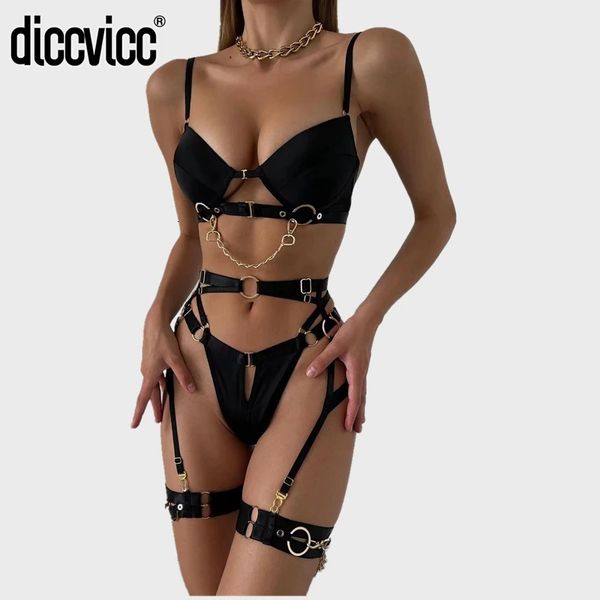 Diccvicc mulheres sensual lingerie gótico sutiã ligas tanga fantasia feminina sexy roupa interior com corrente luxo conjuntos exóticos roupa erótica 240127