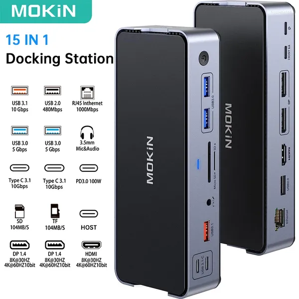 Mokin 15 em 1 docking station usb c 8k 30hz portas hdmi 3 monitores 3.1 100w pd sdtf dock para laptops macbook lenovo pc