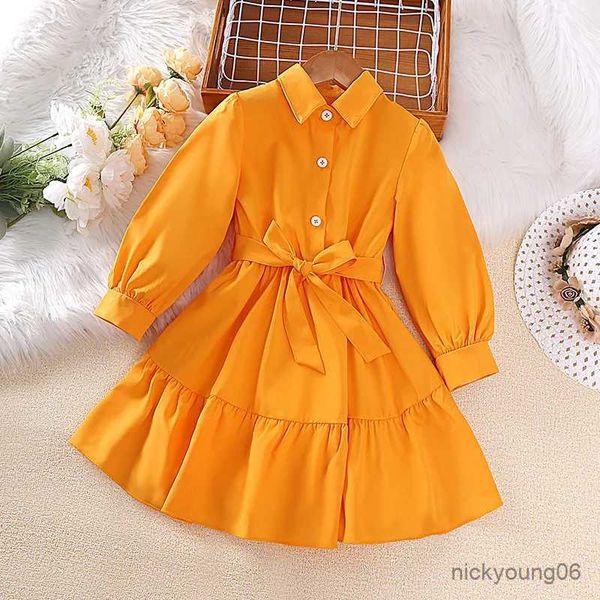 Vestidos da menina crianças vestido casual para meninas roupas 2023 primavera outono nova criança manga longa amarelo princesa camisa vestido moda crianças 2-8y