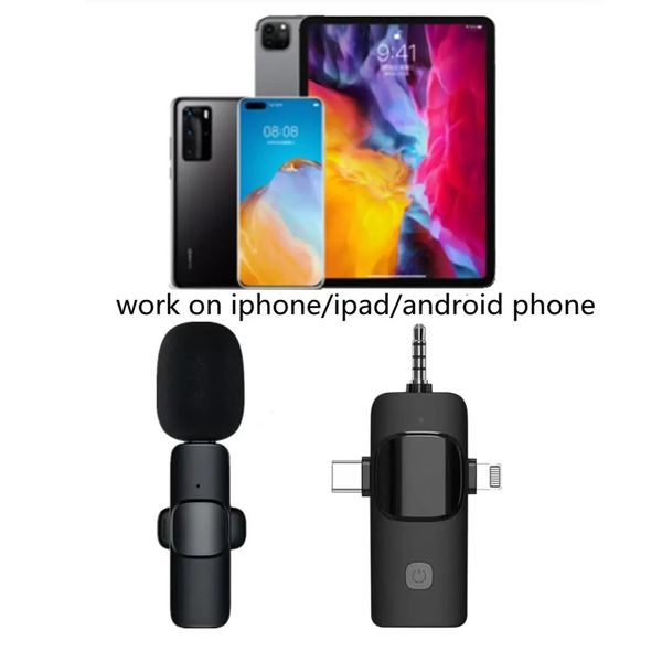 Microfono Lavalier Wireless Microfoni Professionali K15 per Fotocamera iPhone Android, Microfono da Bavero con Ritardo Ultra Basso 2.4G con Riduzione del Rumore-Mini Microfono 3 in 1