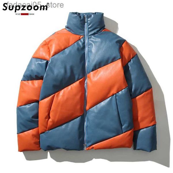 Parkas masculinas Supzoom Nova Chegada Top Moda Espiral Cor Correspondente Imitação de Couro Design Quente Pão Patchwork Inverno Jaqueta Casual Homens Q240202