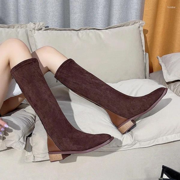 Botas sapatos para mulheres 2024 outono inverno redondo dedo do pé feminino joelho-alto elegante retalhos alto simples marrom longo