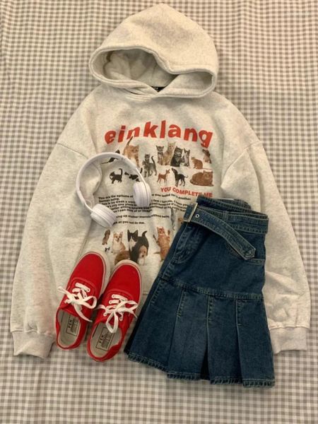 Damen Hoodies American Kawaii Cat Print Hoodie Sweatshirts Herbst Lose Dicke Warme Tops Frauen Y2k Ästhetik Langarm Sweatshirt