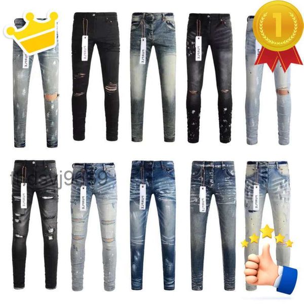 Brand Purple Designer Herren für Jeans Skinny Motorrad Trendy Ripped Patchwork Hole Ganzjährig Slim Legged Sdouc VESS