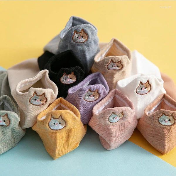 Mulheres meias mulher algodão tornozelo moda gato bordado bonito meninas sox novidade casual verão dos desenhos animados engraçado kawaii curto animal