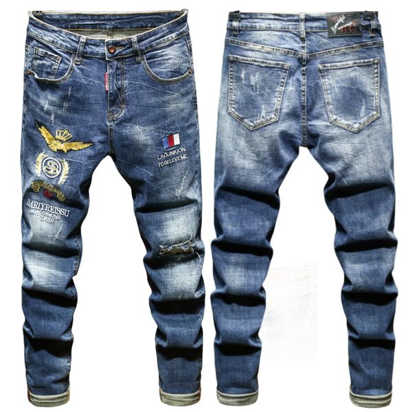 Jeans da uomo in PP Jeans firmati Moda motociclisti strappati effetto consumato Ricamo cargo in denim da donna Pantaloni punk da uomo D-K30