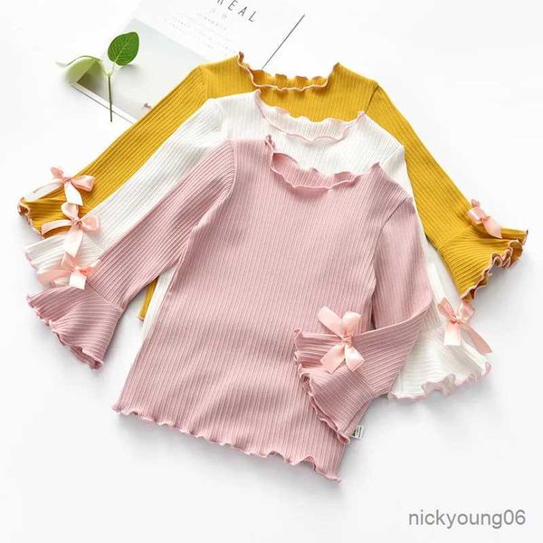 Kız Elbiseleri 2023 Kızlar T-Shirt Bahar Sonbahar Bebek Kid Parlama Kollu Yay Knot Sıradan Gömlek Çocuk Pamuk Uzun Kollu Kıyafetler Kızlar İçin