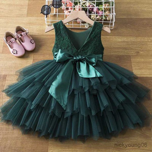 Mädchenkleider, Mädchen-Spitzen-Blumenkleid, 2–6 Jahre, Kinder, Weihnachten, mehrlagiges Kostüm, Kleinkind-Mädchen, Abendparty-Kleider, Baby-Gala, Schleife, Prinzessinnen-Kleidung