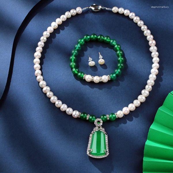 HABITOO Halskette-Ohrringe-Set, elegant, natürlich, 7–8 mm, weiße Süßwasser-Zuchtperle, grüne Jade, CZ-Anhänger/Armband/Ohrringe, Schmuck, Geschenk