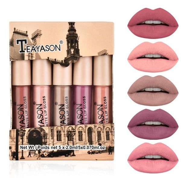 Yumuşak Mat Dudak Krem Lipgloss Ruj Vintage Uzun Kalıcı Parlak Renkler Bir Set 5 PCS Toptan