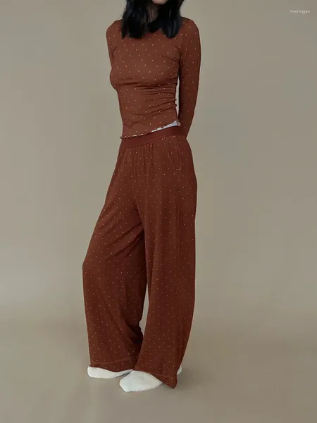 Calças femininas de duas peças lounge wear mini ponto floral impressão casual 2 conjunto de treino feminino sólido magro manga longa o-pescoço topo elástico pijama