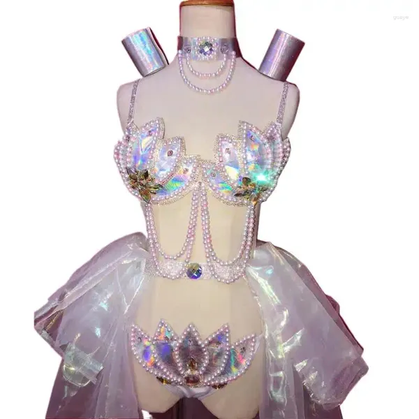 Sahne Giyim İnciler Rhinestones Bikini Seksi Sütyen Şort Mini Etek Set Gece Kulübü Bar DJ Kadın Şarkıcı Kostüm Takımları PatWalk Dance State Wears