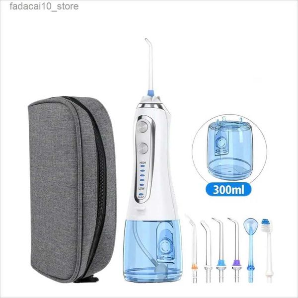 Escova de dentes 5 modos irrigador oral USB recarregável fio dental portátil bocal de linha de água dental 300ml irrigador oral limpador de dentes + 6 bicos Q240202