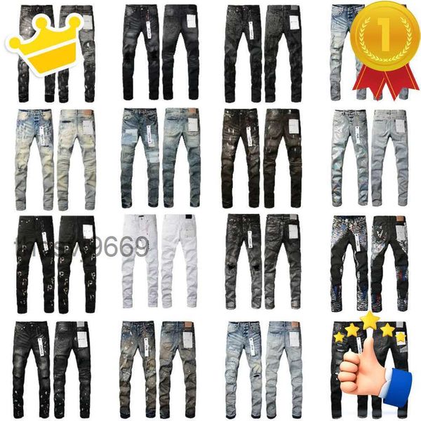 Mode Herren Lila Jeans Designer Distressed Bikers Womens Ripped High Street Marke Patch Loch Denim Cargo für Männer Schwarze Hosen OYYR