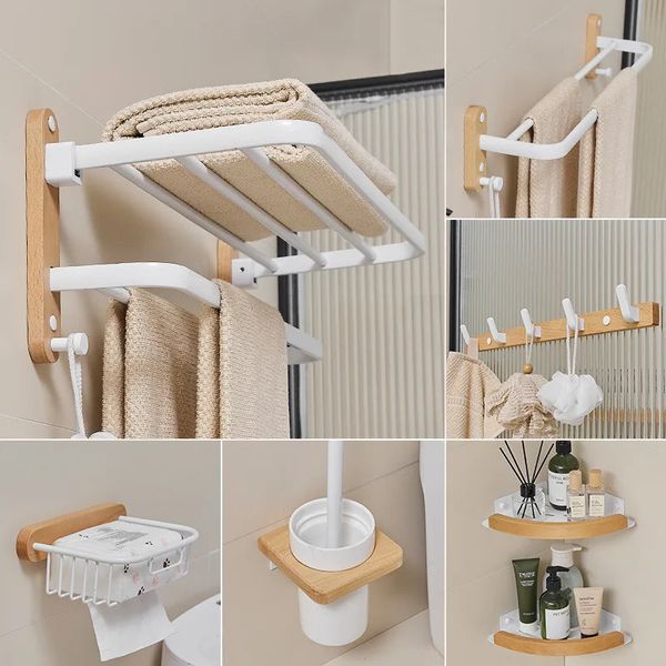 Set di ferramenta per il bagno in legno Portasciugamani Portarotolo Portasciugamani Gancio per portasciugamani Mensola in faggio Accessori per il bagno Kit bianco 240123