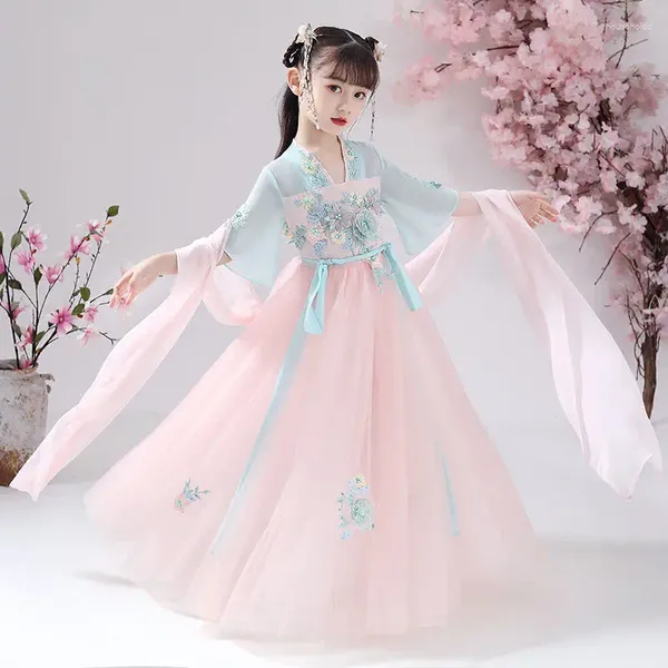 Vestidos de menina infantil hanfu, fantasia tang de super fada, vestido de princesa chinês antigo, vento e neve giratório