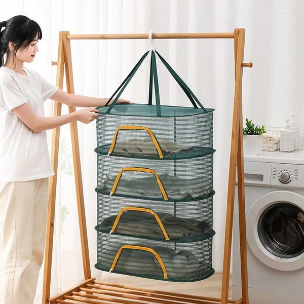 Cabides portátil multifuncional dobrável muti-camada pendurado rede de secagem para produtos secos vegetais frutas ervas roupas poliéster não-tóxico