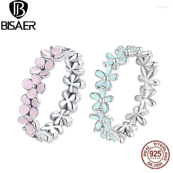 Anelli a grappolo BISAER 925 Sterling Silver Blue Pink Wreath Anello da dito Taglia 5-9 Fascia fiore smaltato per gli amanti Regalo di anniversario Gioielleria raffinata