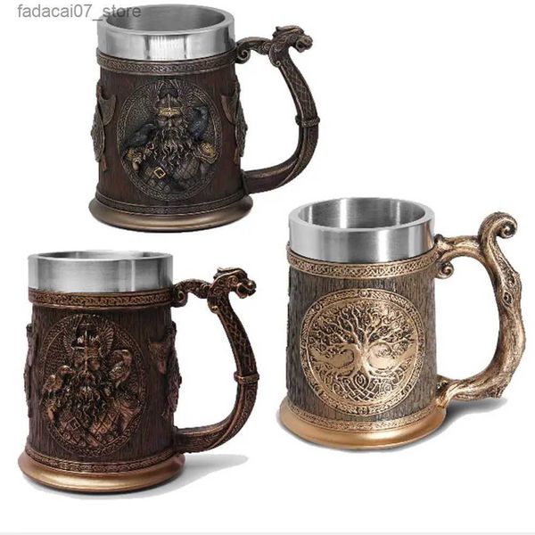 Tassen Nordic Viking Bierkrug Mittelalterliches Harz Edelstahl Retro Humpen Kaffeetasse Große Kapazität Teetasse Pub Bar Party Geschenk Q240202