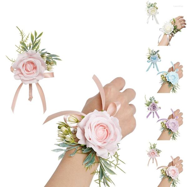 Flores decorativas 2 peças corpete e flor na lapela conjunto baile flor artificial pulseiras de pulso para acessórios de casamento