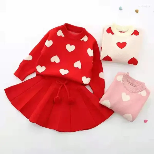 Conjuntos de roupas outono inverno crianças amor camisola saia duas peças terno conjunto de lã manga longa 1-5 anos crianças meninas roupas de malha