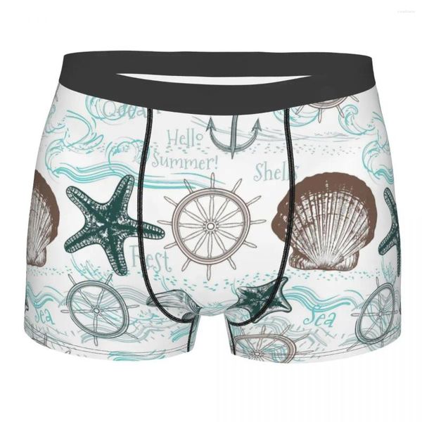 Underpants Sea Shells Padrão Homens Underwear Naval Anchor Boxer Shorts Calcinhas Novidade Poliéster para Masculino