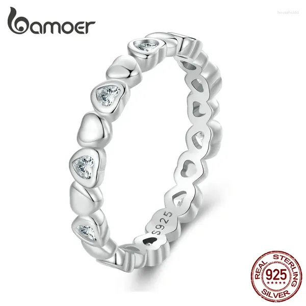 Anéis de cluster Bamoer 925 Sterling Silver Coração Forma Zircon Anel de Dedo Banhado a Platina para Mulheres Dia dos Namorados Presente de Aniversário Fine Jewery