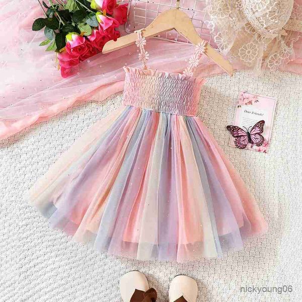 Abiti da ragazza Kid Casual Ssummer Dress for Girl 2023 New Child Arcobaleno a strisce Mesh Patched Princess Sundress Moda Abbigliamento per bambini 1-8Y