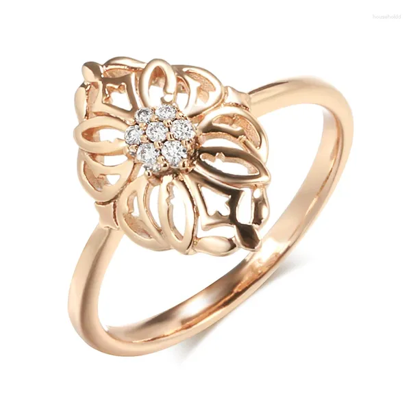 Anéis de cluster Kinel 585 Anel de ouro rosa para mulheres padrão oco natural zircão étnico noiva moda festa vintage jóias