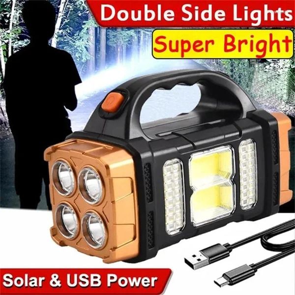 Taschenlampen Tragbare, leistungsstarke Solar-LED-Taschenlampe mit COB-Arbeitslichtern, wiederaufladbar, USB-Handheld, 4 Modi, Beleuchtung, Outdoor-Taschenlampe