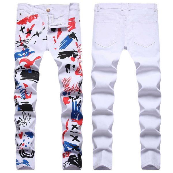 Jeans da uomo alla moda Street Hip Hop Rock Style con stampa digitale multicolore Elastico Slim Fit Piccolo uomo dritto
