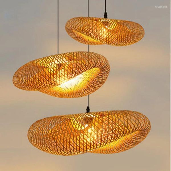 Lâmpadas pendentes Bambu Mão Tecelagem Luz 40/60cm Pendurado LED Lâmpada de Teto Lustre Luminária Rattan Artesanato Tecido Casa Decoração do Quarto