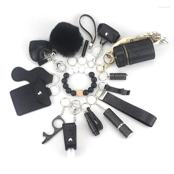 Брелки для ключей, 15 шт./компл., комплект ежедневных безопасных ключей с сигнализацией самообороны, меховой шарик, подвеска и сумки для хранения для женщин