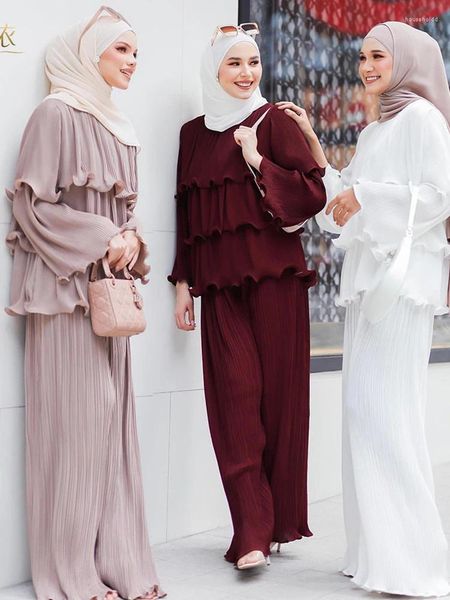 Roupas étnicas Turquia Dubai Muçulmano Ruffle 2 Peça Set Mulheres Top Pant Miyake Plissado Kaftan Abaya Vestidos Marrocos Robe Femme Musulmane