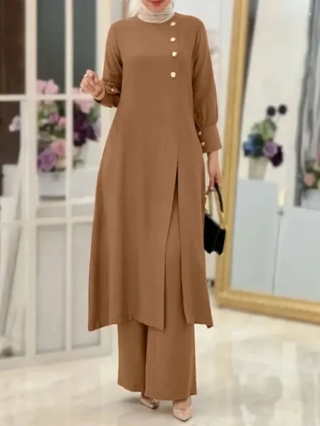 Roupas étnicas Ramadan Mulheres Eid Muçulmano Duas Peças Set Split Blusa Calça Musulman Conjunto Botão Camisa Calças Conjuntos de Correspondência Femme Abaya